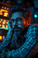 Bearded man with glasses in plaid shirt illuminated by dramatic blue and orange lighting, expressing contemplative mood while resting head on hand in nighttime setting.