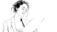 Professional businesswoman with curly hair reading document in minimalist black and white sketch style for corporate presentations and marketing materials.