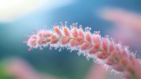 Delicate pink fuzzy flower spike with soft feathery texture against blurred teal background, macro nature photography showing intricate botanical details.