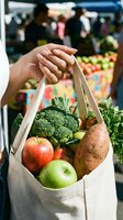 Person holding canvas tote bag filled with fresh produce including broccoli, apples, and sweet potato at farmers market with blurred vendor stalls background.