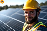 Caucasian male worker in safety vest and hard hat smiling at solar panel installation site, representing renewable energy and sustainable development solutions.