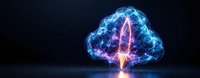 Glowing neon cloud with lightning bolt illuminating dark background, futuristic digital art concept with electric storm effect and reflection on surface.