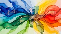 Abstract watercolor rainbow explosion with flowing organic shapes and vibrant color gradients spreading from center on white background.
