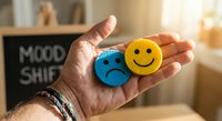 Hand holding colorful smiley face tokens representing mood shift from sad to happy emotions for mental health awareness and positive mindset transformation.