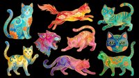 Colorful decorative cats isolated on transparent background, ready for t-shirt design, clipart, stickers, sublimation and print-on-demand projects.