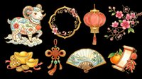 Lunar new year decorative elements collection featuring golden ox, ornamental wreath, red lantern, cherry blossoms, gold coins, knot charm, folding fan, and festive gifts isolated on transparent background for t-shirt design, clipart, stickers, sublimation, print-on-demand projects.