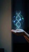 Hand holding glowing DNA helix with blue and green energy particles on dark background. Suitable for genetics, biotechnology, science research, and medical innovation concepts.