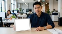 Young male professional of South Asian descent in casual business attire presenting laptop with blank screen in modern office environment with colleagues working at desks behind glass partitions.