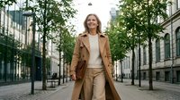 Confident middle-aged Caucasian businesswoman in beige coat walking on urban street with modern buildings and green trees during daytime for lifestyle content.