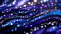 Magical glowing waves with sparkling bokeh lights in deep blue and purple colors create mesmerizing abstract background pattern for luxury designs and celebrations.
