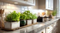 Fresh herbs growing in concrete planters on kitchen countertop, creating a stylish indoor garden for cooking with natural ingredients.