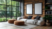 Modern living room interior with wooden walls, large windows, white sofa, round brown ottomans, and empty white frames against natural daylight and forest view.