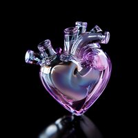 Anatomical heart shaped glass vessel with purple and blue gradient effects on black background, artistic medical concept with liquid inside.
