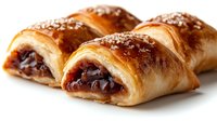 Fresh baked chocolate croissants with flaky pastry layers and rich filling on white background isolated for bakery menu design and food advertising.