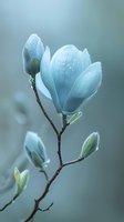 Delicate magnolia flower with water drops in soft blue tones against blurred background, macro photography showing petals and buds in ethereal morning light.