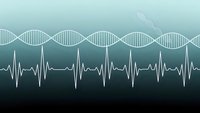 DNA double helix structure with heartbeat rhythm waves on gradient background for medical genetics research and biotechnology applications.