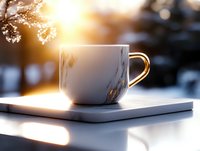 White ceramic coffee mug on wooden table with warm sunlight streaming through winter branches creating cozy morning atmosphere for cafe branding.