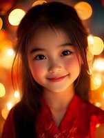 Young Asian girl in red traditional dress smiling warmly against blurred golden bokeh lights background, creating magical holiday atmosphere.