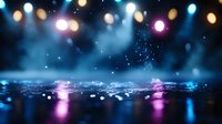 Abstract stage lighting with colorful spotlights and bokeh effects creating atmospheric concert venue background for entertainment events.