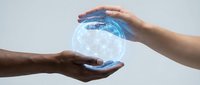 Two hands protecting glowing blue Earth globe with network connections symbolizing global environmental protection and sustainability awareness.