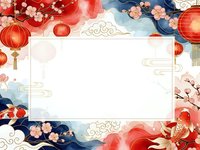 Traditional Asian frame with red lanterns, cherry blossoms and decorative clouds on watercolor background for festive greeting cards and celebrations.
