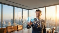 Professional businessman in suit interacting with holographic network interface in modern office with city skyline view during golden hour sunset.