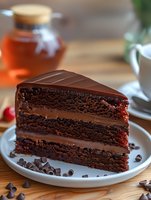 Rich chocolate layer cake slice with smooth ganache frosting and creamy filling on white plate, scattered chocolate chips, honey jar and tea cup in background.