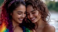 Two young women with curly hair smiling and embracing, rainbow light effect creates magical atmosphere. Natural outdoor setting with soft bokeh background.
