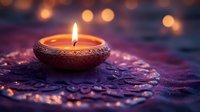 Lit candle in decorative bowl on purple mandala surface with glowing bokeh lights, suitable for wellness, meditation, spirituality and relaxation design projects.