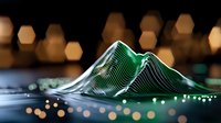 Digital mountain range visualization with glowing green wireframe peaks against dark background with soft bokeh lights creating futuristic landscape effect.