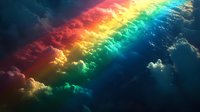 Vibrant rainbow spectrum illuminates dramatic storm clouds in dark sky, creating magical atmospheric phenomenon with ethereal light effects and colorful cloudscape.