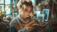 Young woman in cozy knit sweater reading book by window light, with messy bun hairstyle and natural makeup, creating peaceful autumn mood in warm tones.
