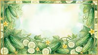 Cucumber slices and yellow flowers frame a watercolor border with green foliage, creating an isolated design element suitable for culinary packaging, recipe cards, and food-related marketing materials.
