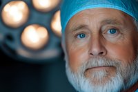 Senior male surgeon with gray beard and striking blue eyes wearing scrub cap, close-up portrait with operating room lights in background creating dramatic atmosphere.