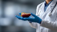 Healthcare professional in blue gloves holding anatomical liver model, demonstrating organ for medical education or patient consultation in clinical setting.