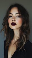 Young Asian woman with dark wavy hair wearing burgundy lipstick and natural makeup, looking at camera against gray background. Professional beauty portrait with dramatic lighting.