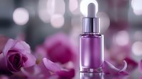 Purple glass dropper bottle with essential oil or serum against blurred pink roses background and bokeh lights, luxury cosmetic skincare product photography.