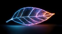Glowing neon leaf with gradient color from blue to pink and orange, sparkling light particles on black background, modern nature concept design element.