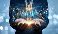 Businessman hands holding glowing digital human resources network with connected people icons and data analytics for modern HR management solutions.