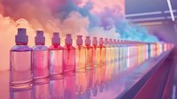 Glass bottles in row with colorful gradient liquid against pink and blue clouds background, creating dreamy reflective surface with mirror effect and soft lighting.