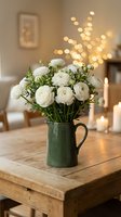 White ranunculus flowers in green ceramic pitcher on rustic wooden table with warm bokeh lights creating cozy home atmosphere for interior design projects.