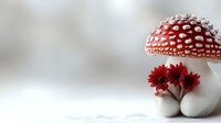 Red and white spotted mushroom amanita muscaria with small red flowers against soft white background, dreamy fairy tale nature composition.