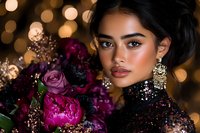 Young Asian woman with elegant makeup and gold earrings poses near purple roses and peonies against blurred golden bokeh lights creating romantic atmosphere.