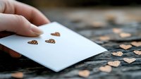 Female hand holding white envelope with decorative copper hearts scattered on dark wooden surface, creating romantic love letter composition.