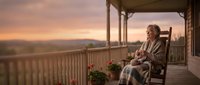 Elderly woman relaxing in rocking chair on farmhouse porch during golden hour sunset, peaceful rural retirement lifestyle scene.