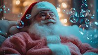 Jolly bearded man wearing red and white Santa hat and pink striped sweater, surrounded by floating soap bubbles and warm bokeh lights, festive holiday atmosphere.