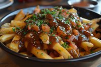 Golden french fries topped with rich brown gravy and fresh chopped parsley served in black plate, close up view of classic comfort food dish with savory sauce.