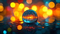 Crystal ball reflecting upside down winter landscape against blurred bokeh lights background with water reflection creating magical atmosphere.