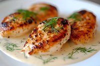 Grilled chicken breasts in creamy sauce garnished with fresh dill, close-up view showing juicy texture and caramelized surface of meat on white plate.