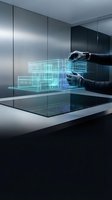 Engineer in black gloves manipulating holographic building blueprint on digital touchscreen table in modern office environment.